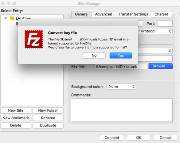 You'll see a pop up message that will ask you to convert the key file into a supported format. Say yes.